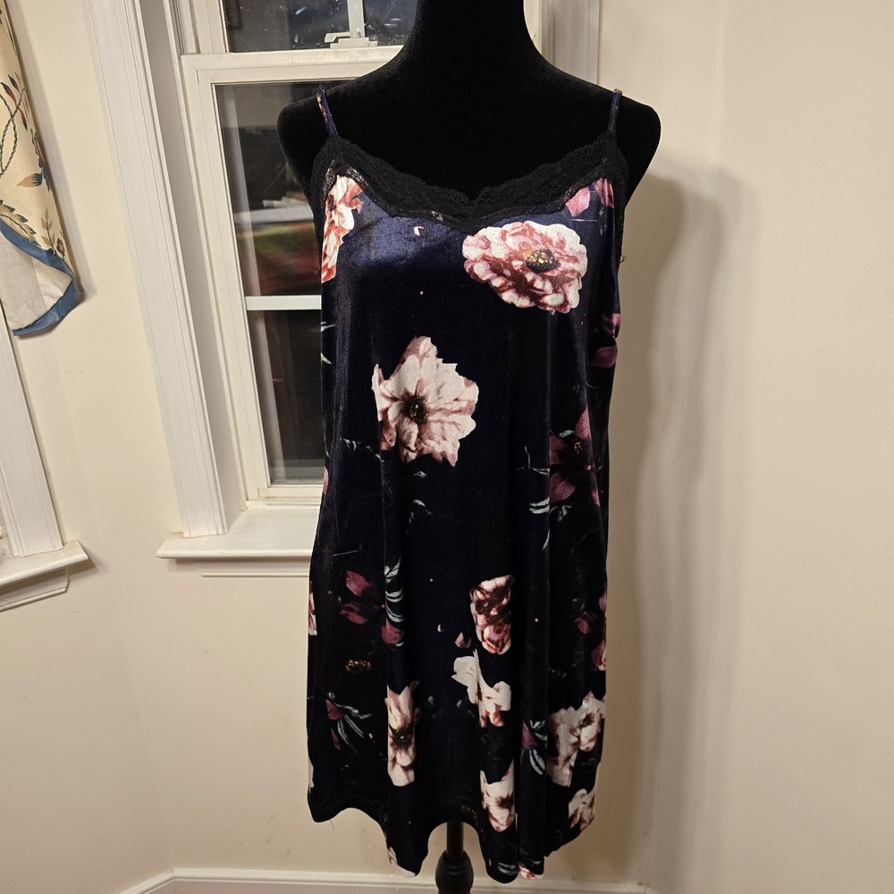 TIMING Velvet Floral Print Slip Dress Black Lace Trim Cami Mini‎ Size M